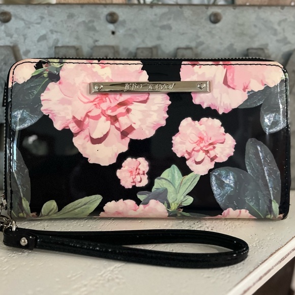 Betsey Johnson Handbags - Betsey Johnson Black Pink Peony Floral Zip Around Wristlet Wallet * Discontinued